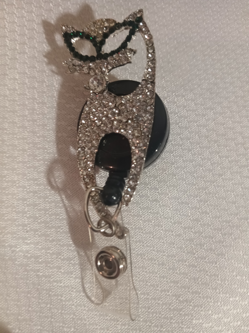 Crystal Cat Badge Reel Pendant - Silver and Black